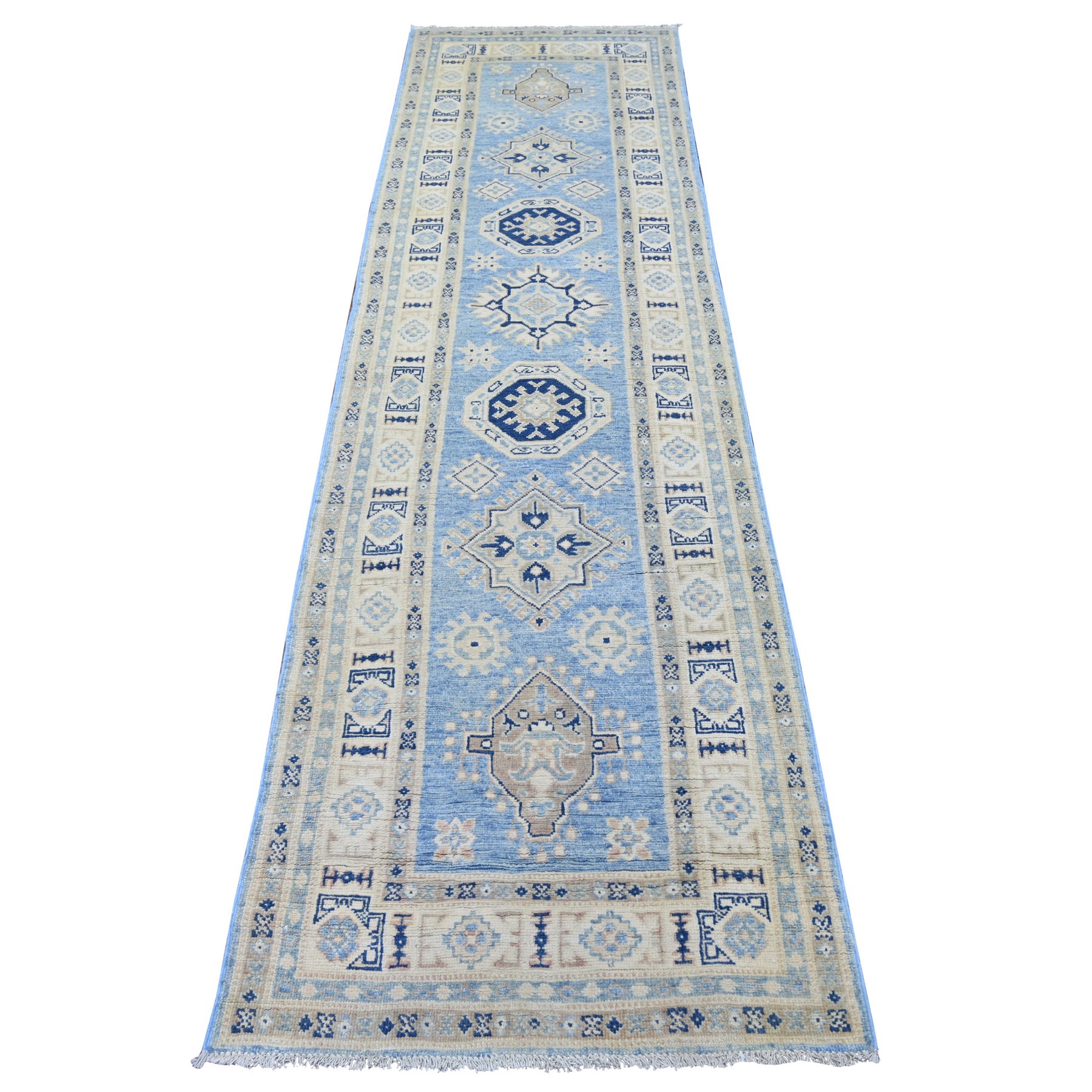 2'8"x9'7" Maya Blue, Vintage Look Kazak with Geometric Medallions, Hand Knotted, 100% Wool, Natural Dyes, Runner, Oriental Rug 